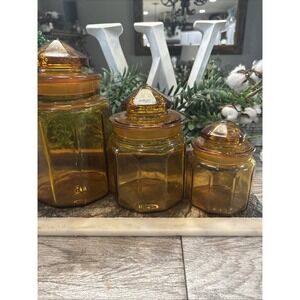 LE Smith 10 Panel Amber Glass Apothecary Lid Jar Set3